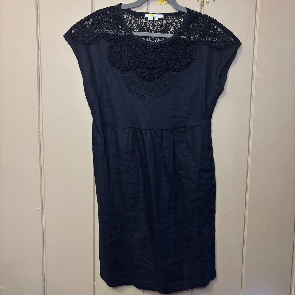 Boden Fleur black linen dress lace collar Shift style knee length size 4 - Picture 2 of 4